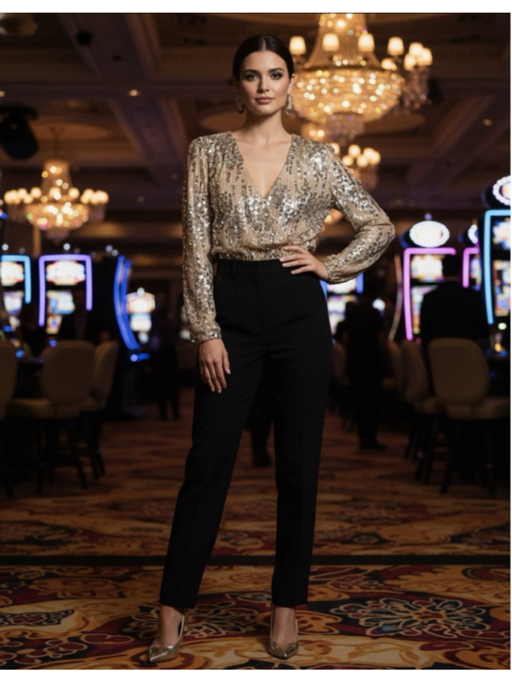 ✨ Gold Sequin Wrap Top Glam Party Blouse Small NYE Vegas Sparkle - Picture 2 of 8